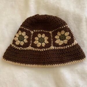 Elegant Brown Crochet Hat with Floral Design